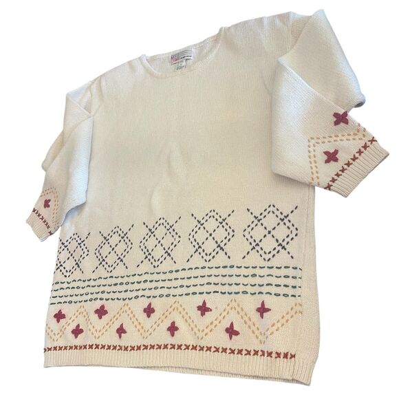 Womens Scandi Nordic Embroidered Ivory Sweater Sz M Rustic Cabincore Cozy VTG - Picture 12 of 16